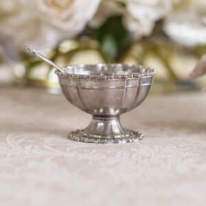 Vintage Beaded Pewter Salt Cellar With Spoon